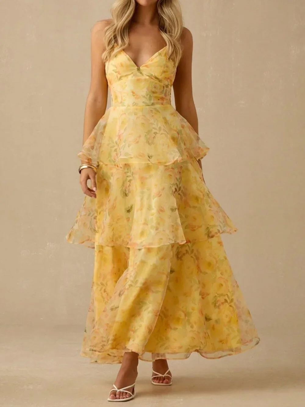 Yellow  Women's Romantic Floral Print Spaghetti Strap Ruffled Hem Maxi Dress - Picture 5 of 7